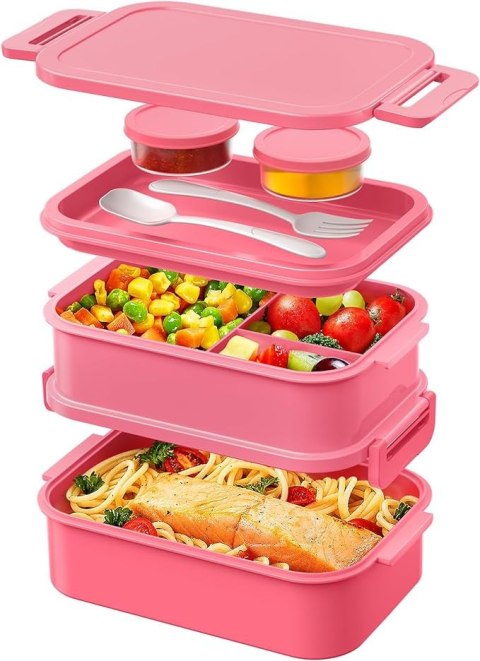 Lunch BOX 3 częściowy - Pojemnik na posiłki 900 ml duży - Pudełko na drugie śniadanie - Różowe